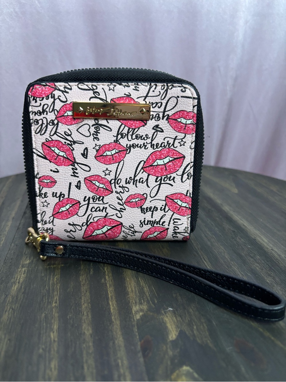Betsey Johnson Pink Kiss-Print Wristlet Wallet with Black Trim
